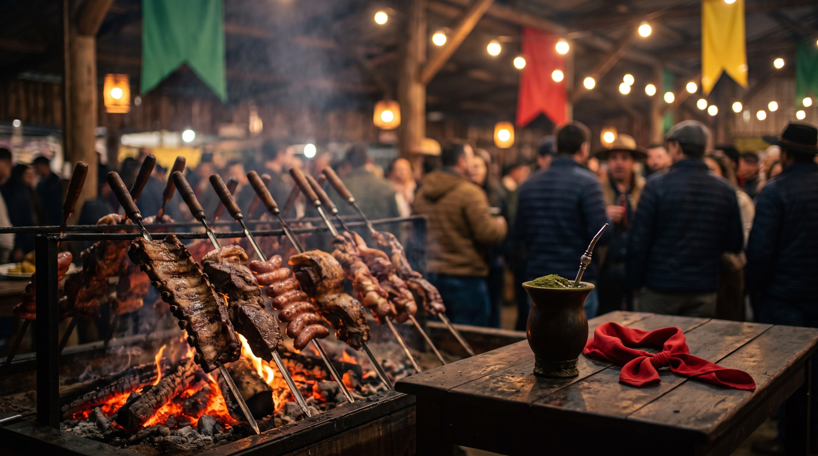 Churrasco de fogo de chão e cuia de chimarrão no galpão do festival, com público reunido ao fundo.